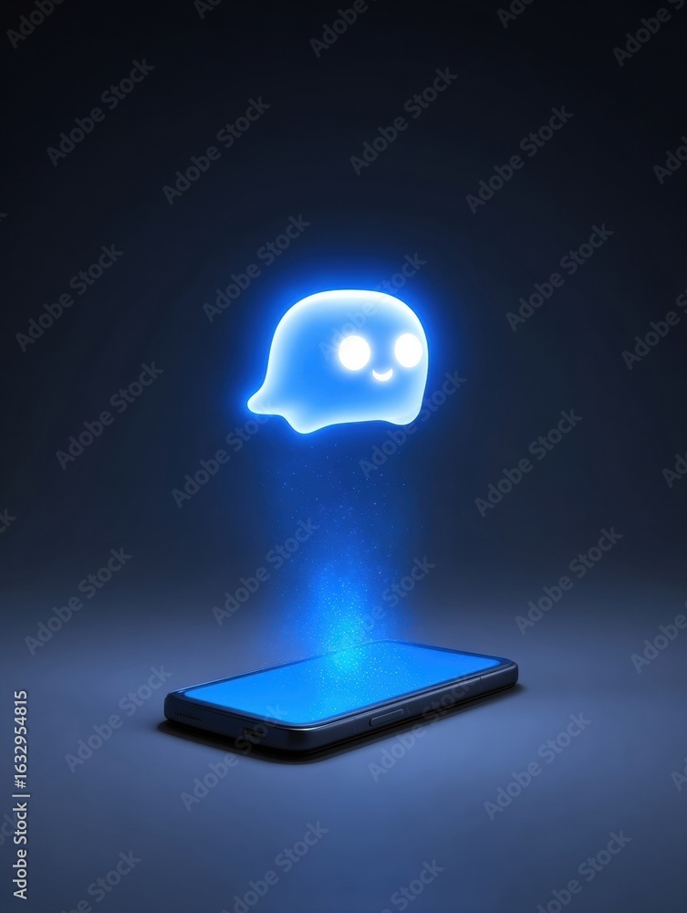 Poster holographic ghost figure emerging from a smartphone display in a dark environment
