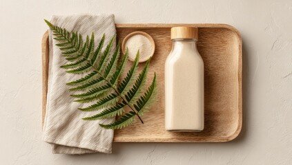 Natural skincare products on a wooden tray.  A beige linen cloth, a fern leaf, a small bowl of powder, and a glass bottle with a light beige liquid are arranged on a light-colored wooden tray