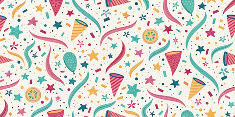 Vibrant festive pattern with confetti, stars, streamers, and party poppers for joyful celebrations