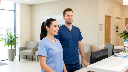 Fototapeta premium Two healthcare workers standing at the front desk of a clean modern clinic showing friendly and professional service