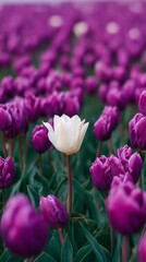 White Tulip Among Purple Tulips