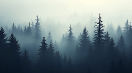 Fototapeta premium Misty evergreen forest with tall pine trees shrouded in atmospheric fog and soft light