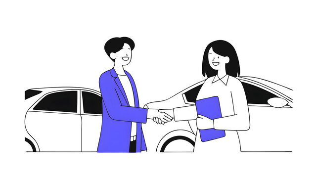 car saleswoman shaking hands with customer in luxury car salon.