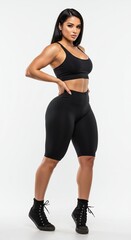 Obraz premium Strong and confident athletic woman with a toned muscular physique posing in black sportswear. A beautiful fitness model in a sports bra and biker shorts on a clean white studio background.