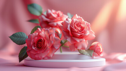 delicate display of blooming pink roses arranged on a minimal white round pedestal with pastel pink background.
