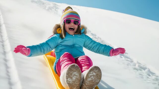 Young child is joyfully sledding down snowy hill. girl is wearing blue coat, pink pants, colorful hat. It's sunny day, she's wearing sunglasses.