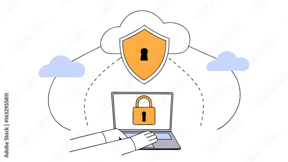 Poster cyber security network system data protection concept. businessman using laptop computer with digita