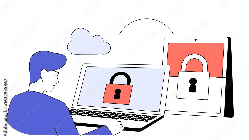 Poster cyber security network system data protection concept. businessman using laptop computer with digita