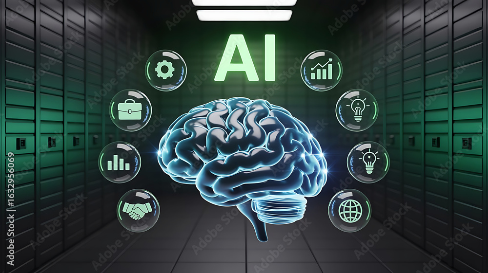 Poster glowing artificial intelligence brain surrounded by data icons in a futuristic server room