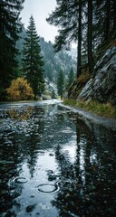 Rainy mountain road reflected in puddle