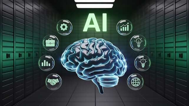 Glowing artificial intelligence brain surrounded by data icons in a futuristic server room