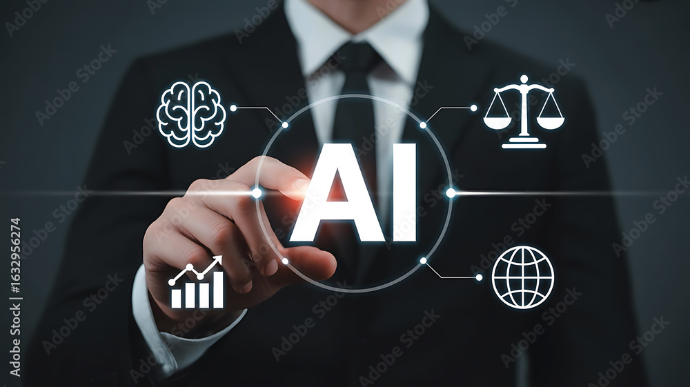 Poster businessman interacting with artificial intelligence technology and its related concepts on a digita