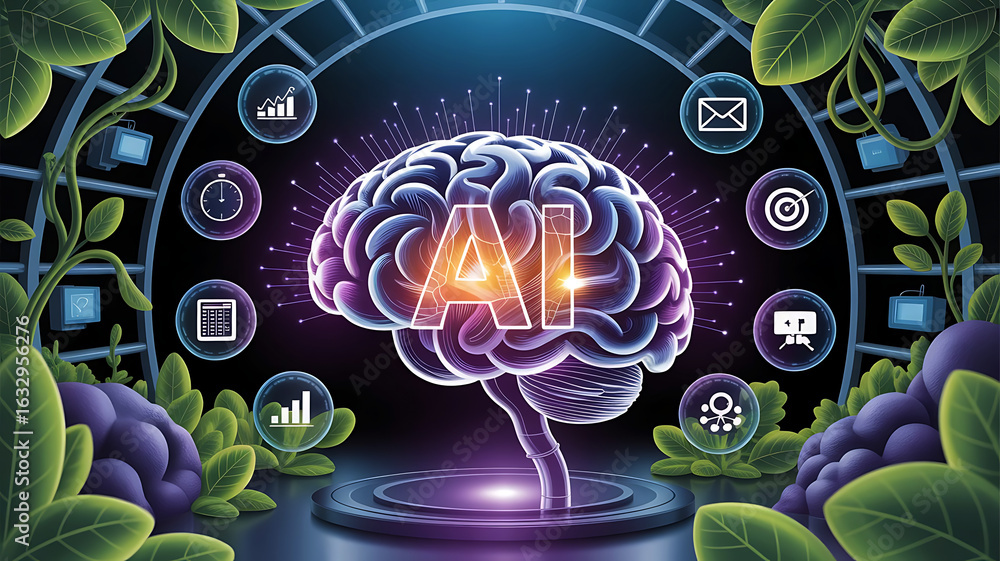 Poster glowing ai brain with digital icons and vibrant green foliage creating a futuristic technological en