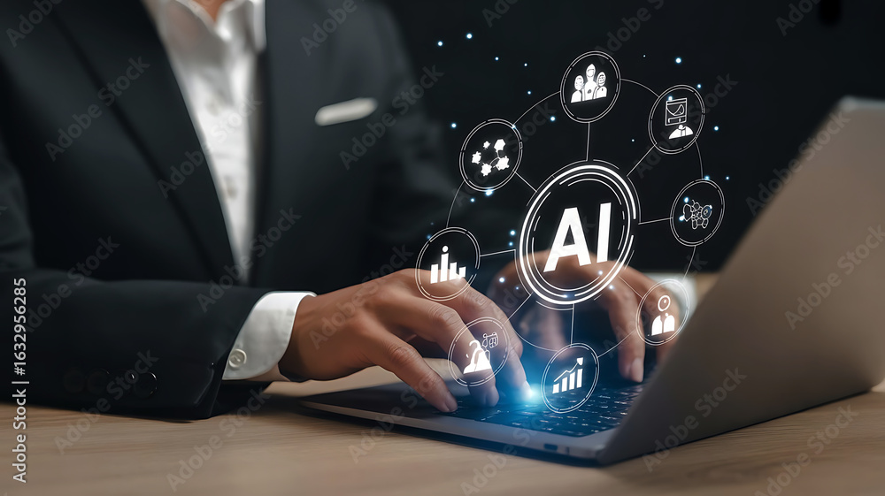 Poster businessman using laptop with glowing ai technology and network of human icons symbolizing artificia