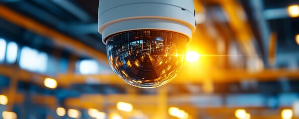 A dome shaped CCTV security with a rotating that is monitoring and capturing motion in a brightly lit industrial or manufacturing facility interior
