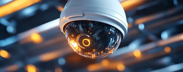 A dome shaped CCTV surveillance with a rotating  designed to capture and monitor movement and activity in a secured indoor environment