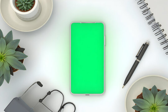 Smartphone with Green Screen Display on Desk with Plants and Notebook - Powered by Adobe