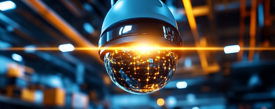 A dome shaped CCTV with a rotating  capturing movement and activity in a city or industrial environment at night