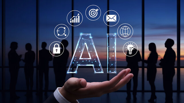 Human hand presenting glowing ai symbol with business icons in a modern office at dusk