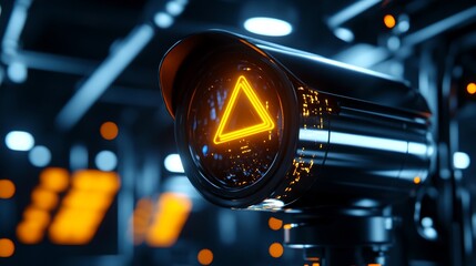 A surveillance mounted on a dark industrial interior emitting a bright yellow warning light to indicate a restricted or controlled access area