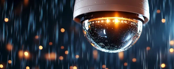 An outdoor CCTV securely mounted and protected from the elements surrounded by raindrops in a dimly lit urban environment © Naphatson