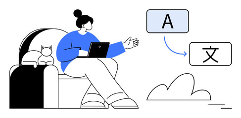 Woman with laptop seated on a couch next to cat, representing multilingual translation. Ideal for education, language learning, global communication, remote work, technology, AI, cultural exchange