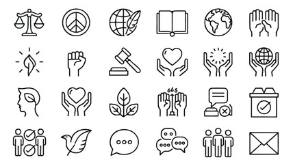 Law justice global affairs and civic participation icon set silhouette