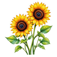 Obraz premium Bright Sunflowers with Lush Green Leaves Isolated on a Transparent background