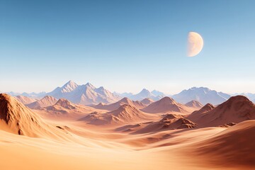 Naklejka premium Breathtaking desert scene with towering mountains and sand dunes bathed in the warm glow of the setting sun and a crescent moon in the clear blue sky