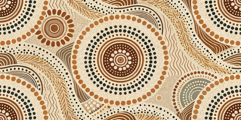 Vibrant Indigenous Australian dot art pattern with earthy tones and organic shapes, perfect for cultural projects