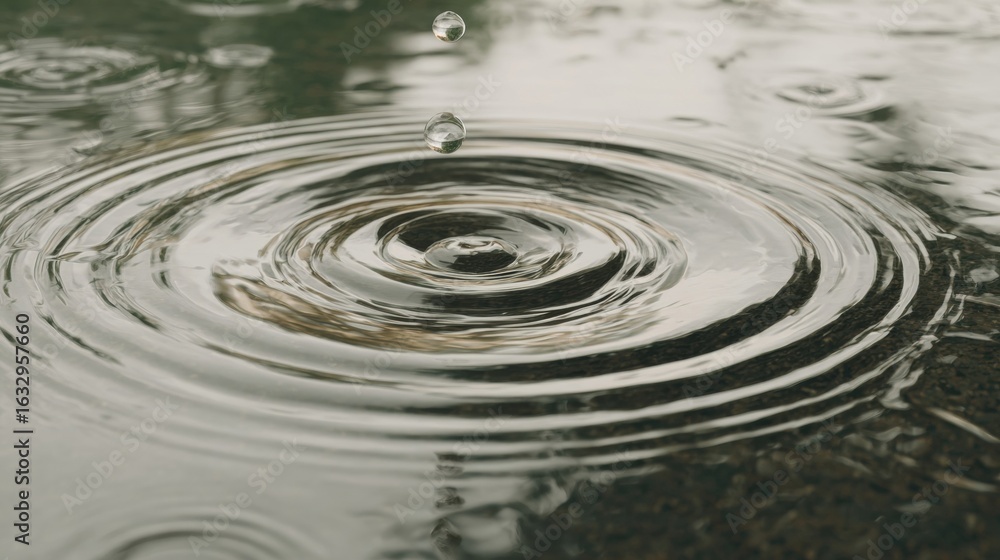 Poster raindrops creating ripples on a calm surface during a rainy day in a natural setting near a park
