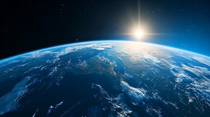 Fototapeta premium Stunning view of the Earth s horizon with the planet s atmosphere and landmasses visible against the backdrop of the dark starry universe