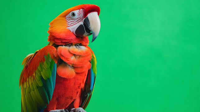 colorful macaw parrot perched isolated on green screen