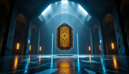 An ornate golden artifact levitates in a dark, futuristic hall illuminated by dramatic blue and orange lights.