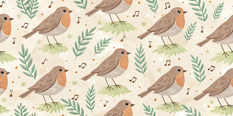 Charming robin birds with musical notes and foliage create a delightful, whimsical pattern for nature lovers.