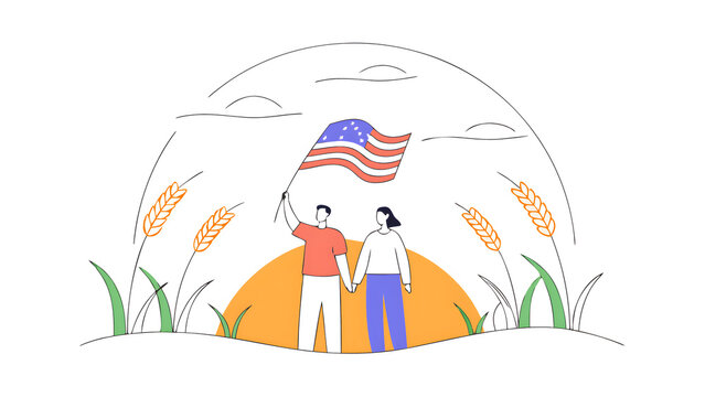 patriotic holiday young patriotic couple with the american flag in a wheat field at sunset independence day 4th of july