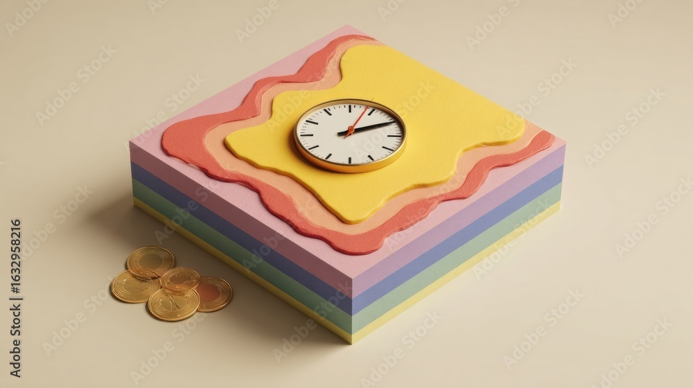 Poster colorful block with clock and coins placed on a light background in a creative arrangement