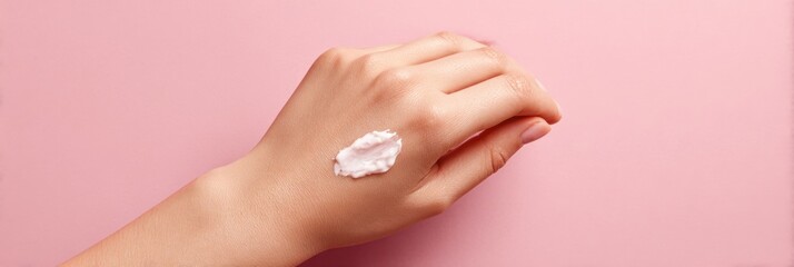 Fototapeta premium Moisturizer Cream Dollop Resting on Back of Hand Against a Soft Pastel Pink Background With an Empty Space Above for Added Text or Designs