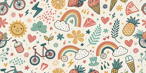 Naklejka premium Whimsical summer pattern with sun, rainbows, bikes, fruits, and ice cream evoking joy and fun.