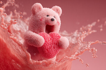 Adorable pink bear with heart splashes joyfully in vibrant berry liquid during playful moment