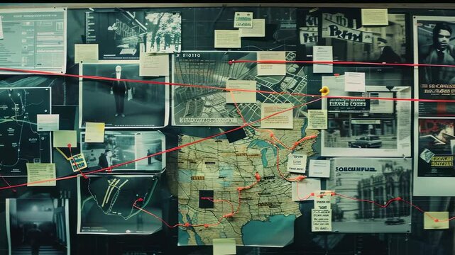 Detective investigation board is cluttered with black, white photos, maps, notes. Red string connects different elements, suggesting relationships between events, locations, suspects.