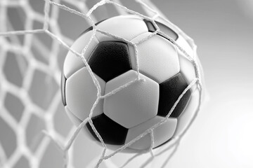Naklejka premium 3d, classic black and white soccer ball has just hit the back of a white net, symbolizing a major achievement, success, scoring the winning goal.
