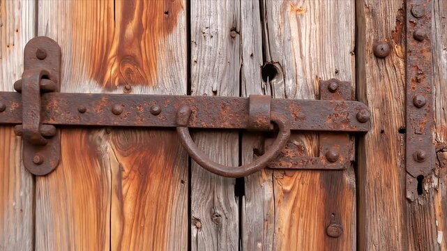 Rusty metal hardware on weathered wood door
