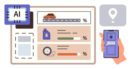 Smart car dashboard with AI chip, oil and tire info, fuel monitoring, car icon, location pin, and smartphone control. Ideal for car technology, IoT, AI integration vehicle tracking smart systems