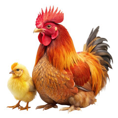 Fototapeta premium Majestic rooster and fluffy chick together isolated on transparent background