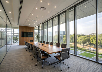 Modern conference room with large windows overlooking a green park and a long wooden table with chairs isolated on white background
