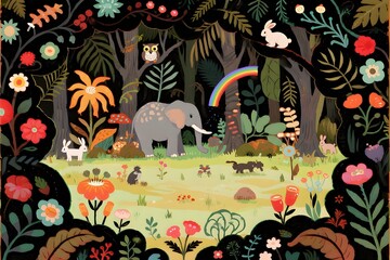 In tropical rainforests or rainforests surrounded by palm trees and vines, there are cute and unique animals. The cute and interesting inhabitants of the jungle. Flat cartoon-style colorful vector ill