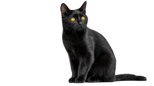 Black house cat with striking yellow eyes sitting on a transparent background PNG file