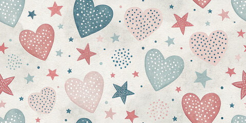 Charming watercolor hearts and stars pattern for baby showers, Valentine's Day, or nursery decor