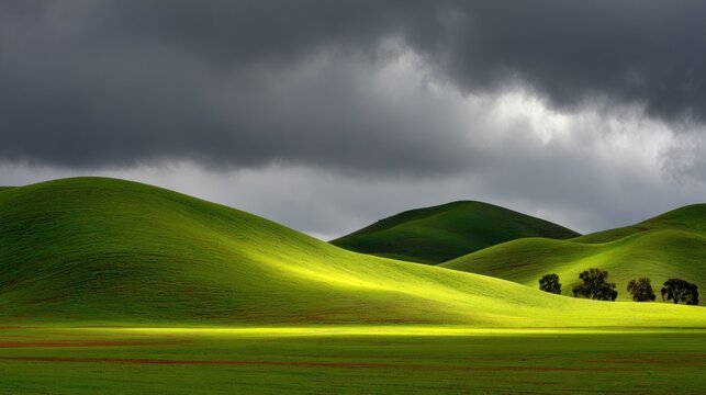 Dramatic rolling hills bathed in sunlight